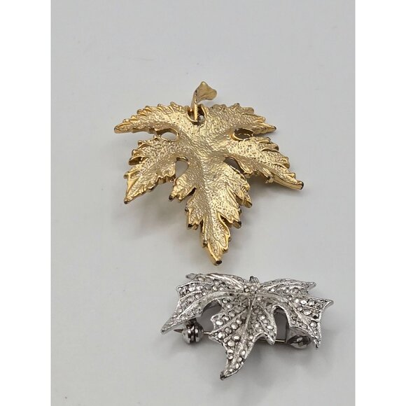 VTG 2PC Brooch Maple Leaf Set Gold Silver Tone Fall Classy Elegant Statement Pin - Picture 6 of 16
